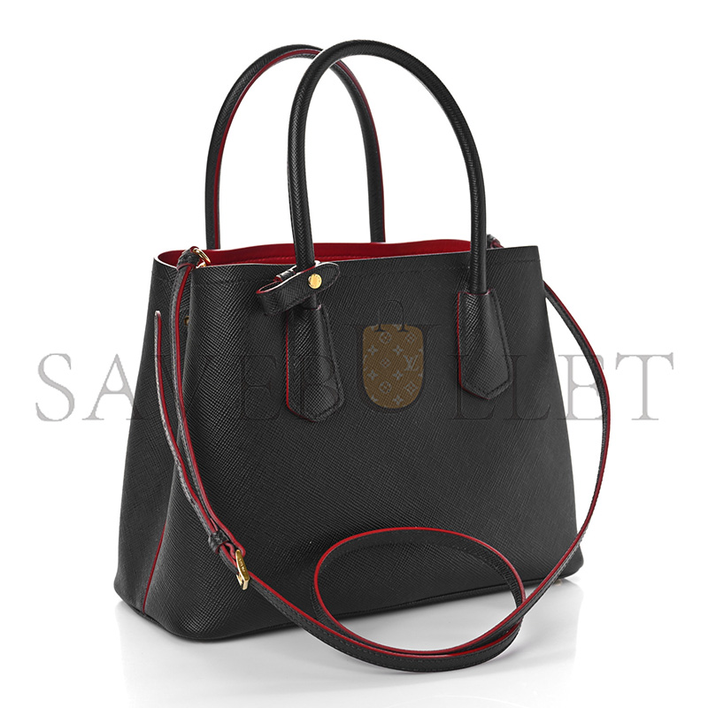 Pra*a saffiano cuir small double bag black ciliegia 1bg443 (25*18.5*12.5cm)
